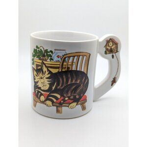 Vintage Cat Sleeping In Chair Mouse & Clock Handle Ceramic Coffee Mug Japan